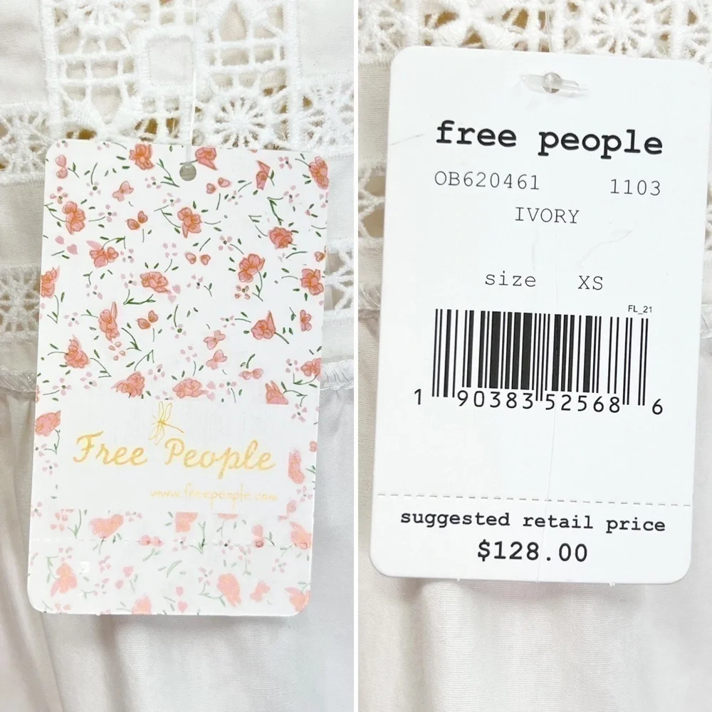 Free People White Cotton Blouse Size XS Bell Sleeves Crochet Eyelet Lace New NWT